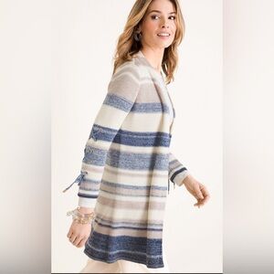 Chico’s Striped Lace-Up Sleeve Open Cardigan - Blue/Tan/Ivory - M